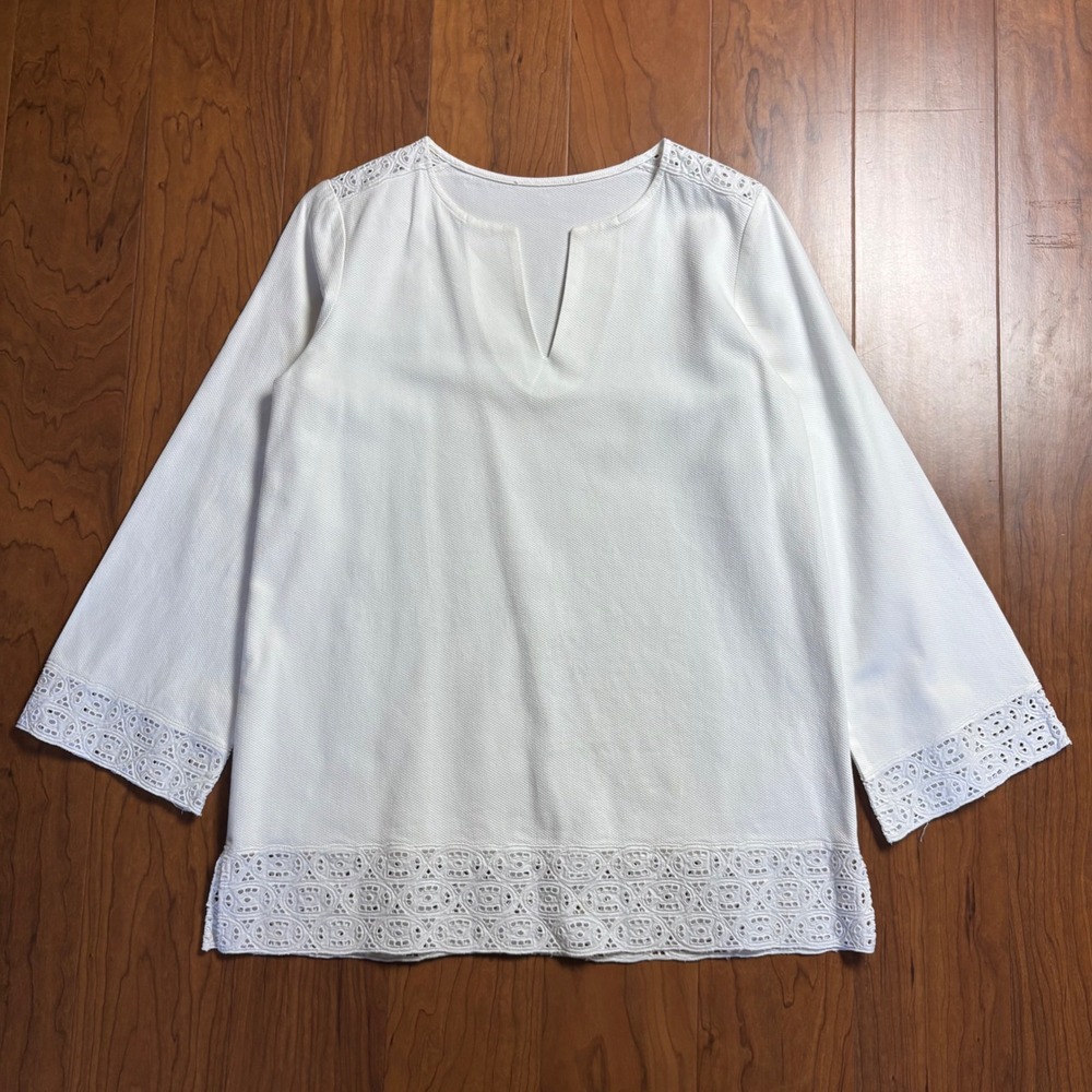 White Eyelet Lace Trim Split Neck Tunic Top 3/4 Sleeve Textured Blouse Medium
